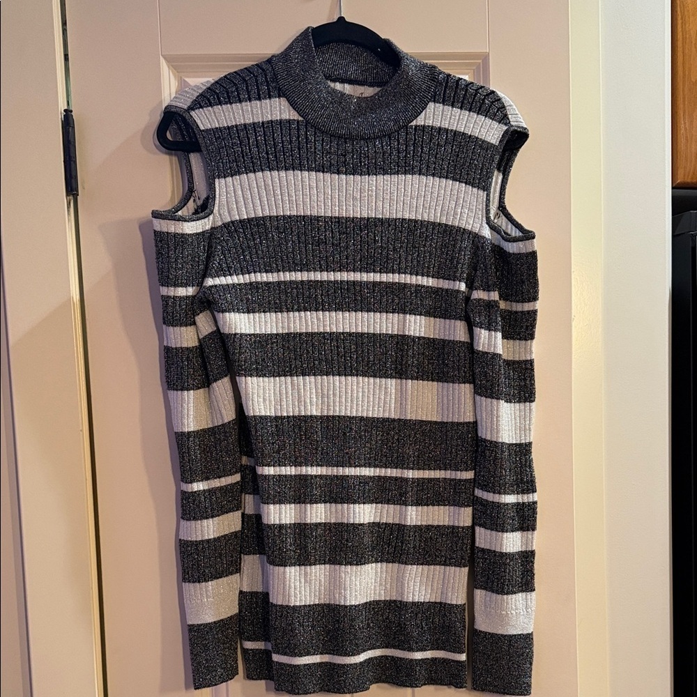 Striped Cold Shoulder Sweater - Black and White